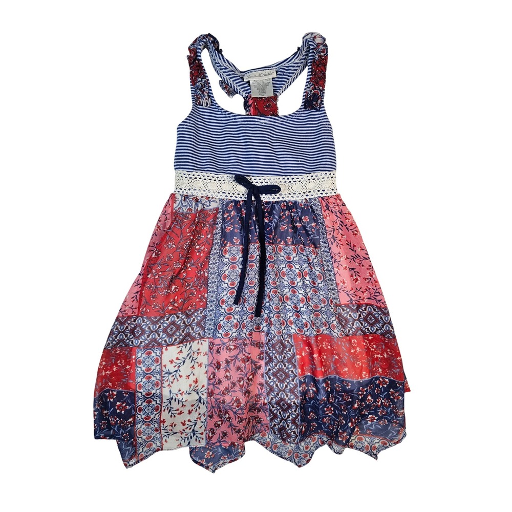 Jona Michelle Girls 4T Dress Patchwork Floral Striped Handkerchief Hem CO5340